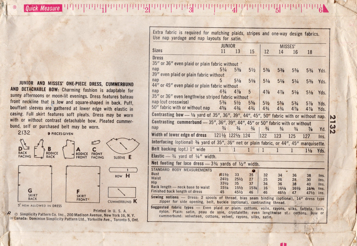 1950's Simplicity Boat Neckline Fit and Flare Dress Pattern with Puff, Bouffant Sleeve and Low Square Back - Bust 31.5" - No. 2132