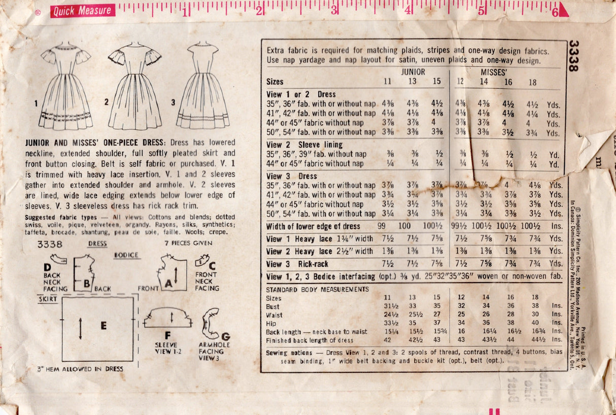 1960's Simplicity Boat Neckline Fit and Flare Dress Pattern with Cape Sleeve - Bust 31.5" - No. 3338