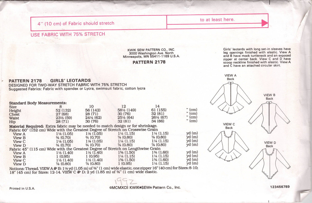 1990's Kwik Sew Child's Set of Leotards Pattern with Skirt option - Chest 27-32" - No. 2178