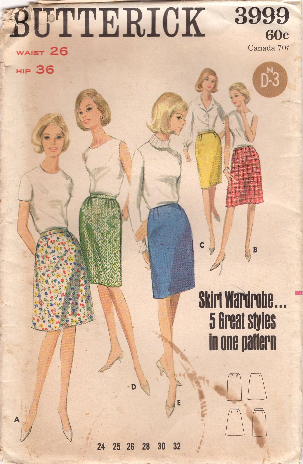 1960's Butterick Skirt Wardrobe Pattern - Waist 26" - No. 3999