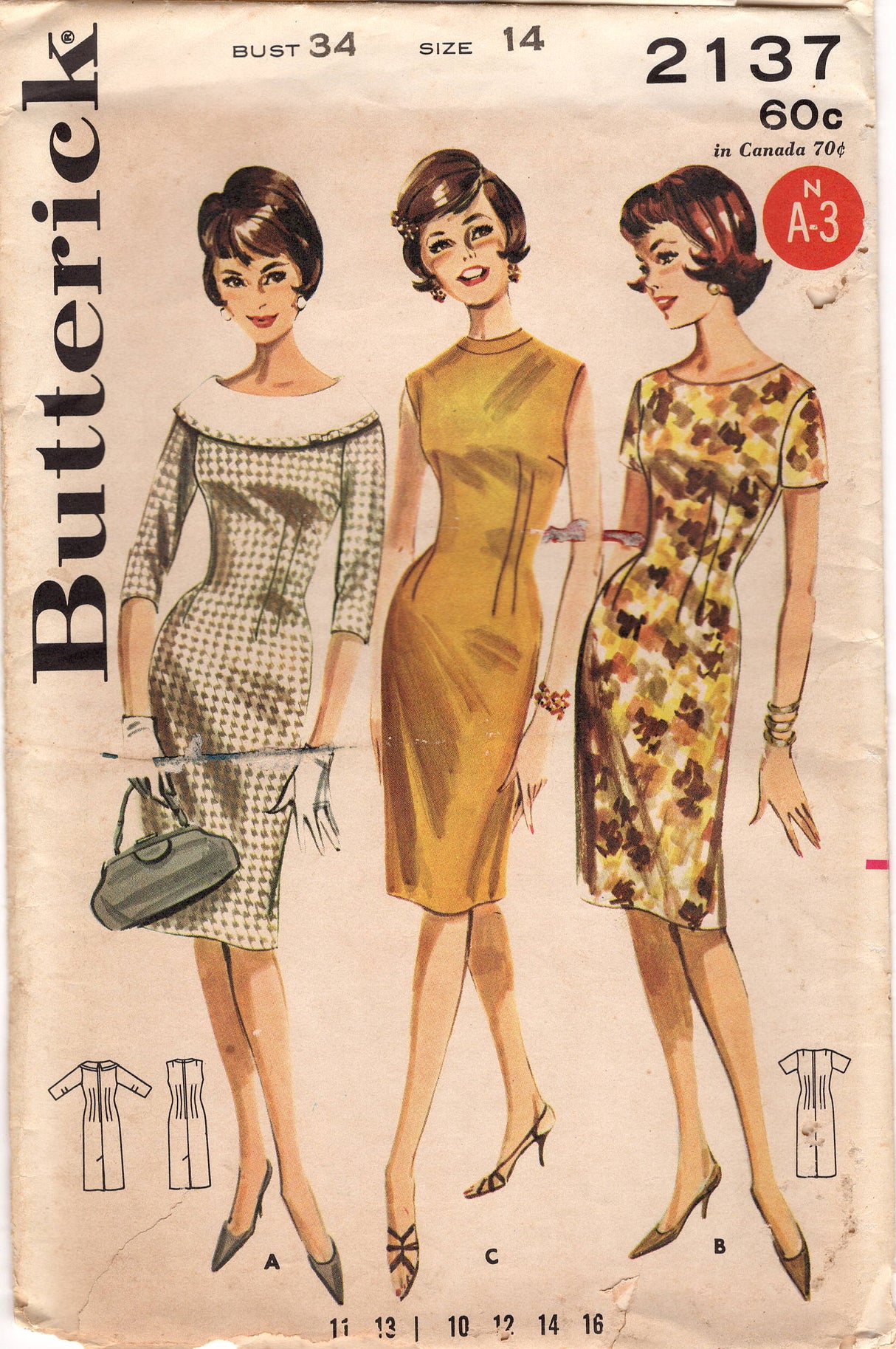 1960's Butterick Sheath Dress Pattern with Boat or High Neckline - Bust 34" - No. 2137