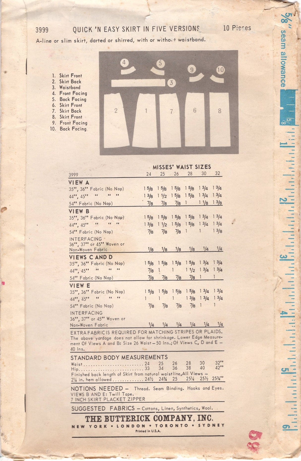 1960's Butterick Skirt Wardrobe Pattern - Waist 26" - No. 3999