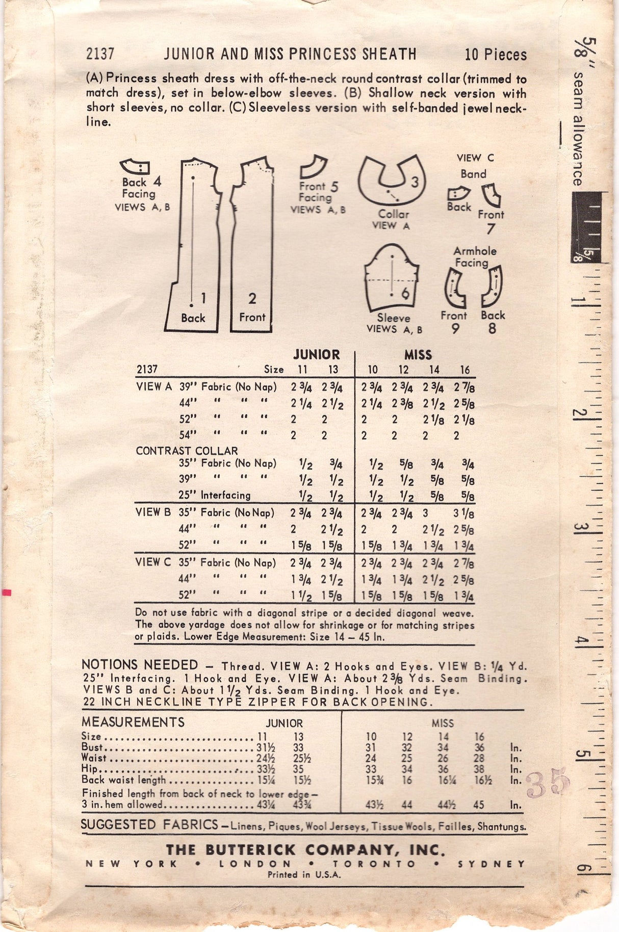 1960's Butterick Sheath Dress Pattern with Boat or High Neckline - Bust 34" - No. 2137
