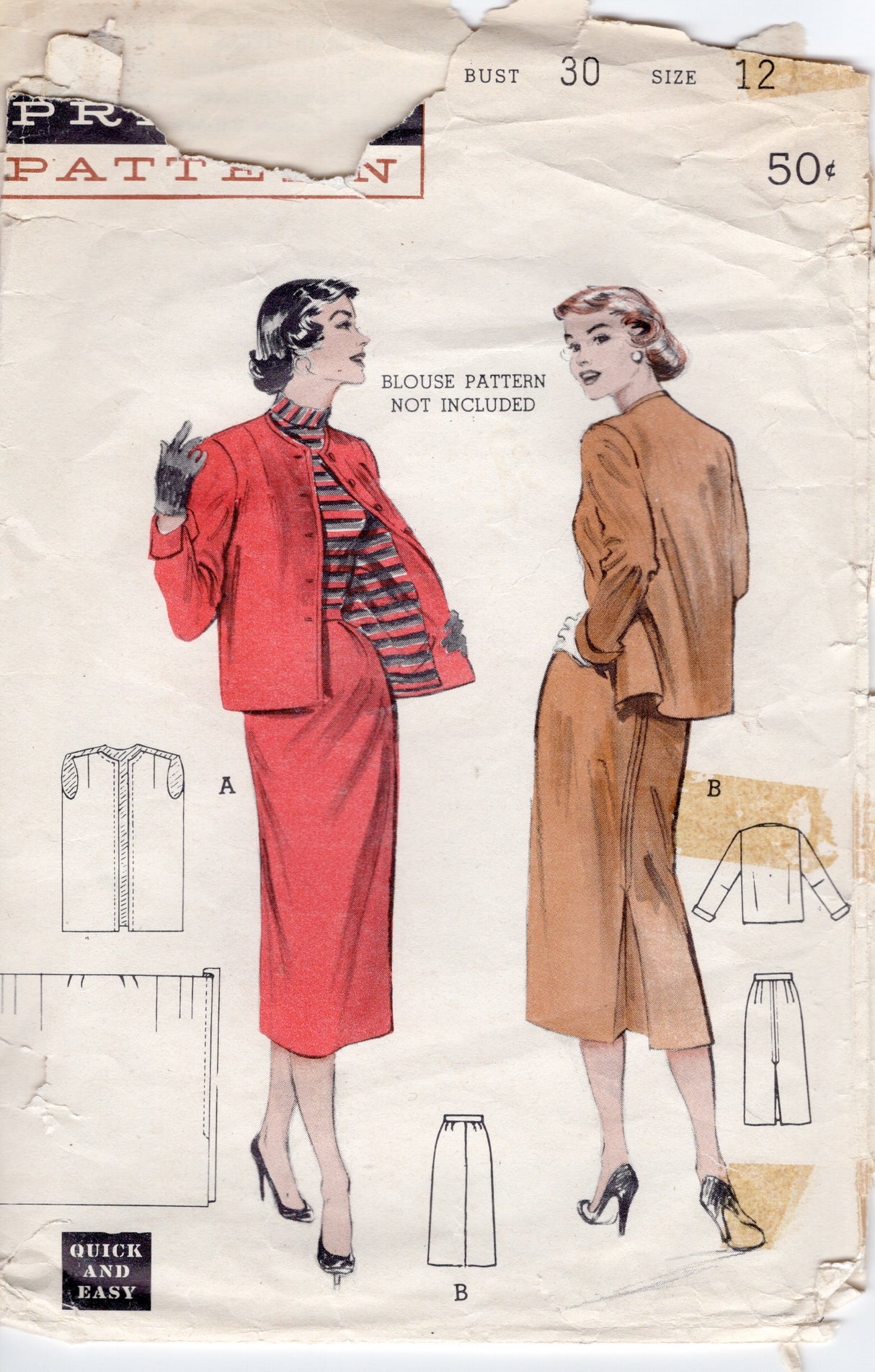 1950's Butterick Slim Suit Pattern - Bust 30" - No. 6685