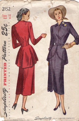 1940's Simplicity One Piece Dress with softly flared peplum Pattern - Bust 36