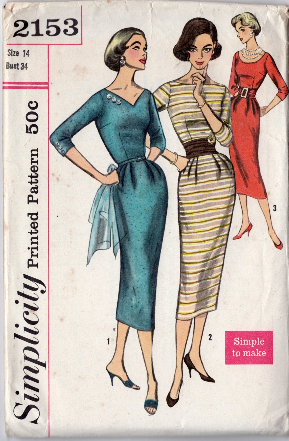 1950's Simplicity Sheath Dress Pattern with V neck, Boat Neck or Scoop Neck - Bust 34" - No. 2153