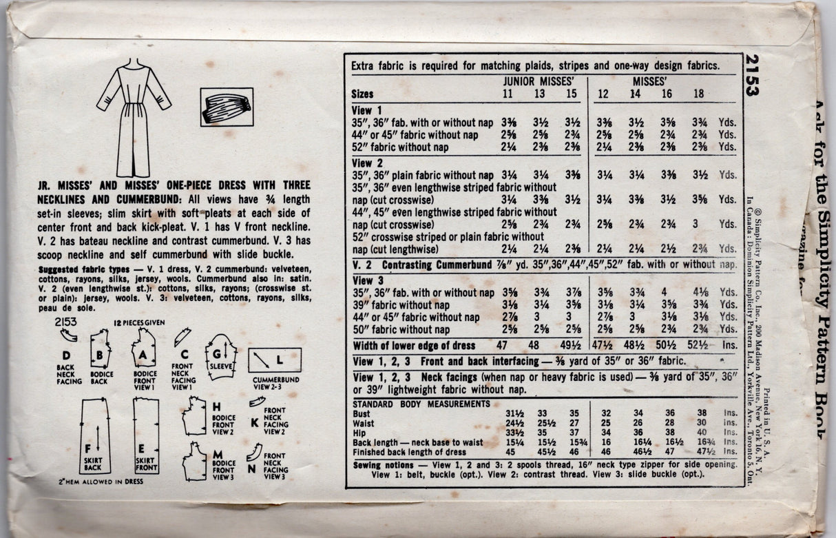 1950's Simplicity Sheath Dress Pattern with V neck, Boat Neck or Scoop Neck - Bust 34" - No. 2153