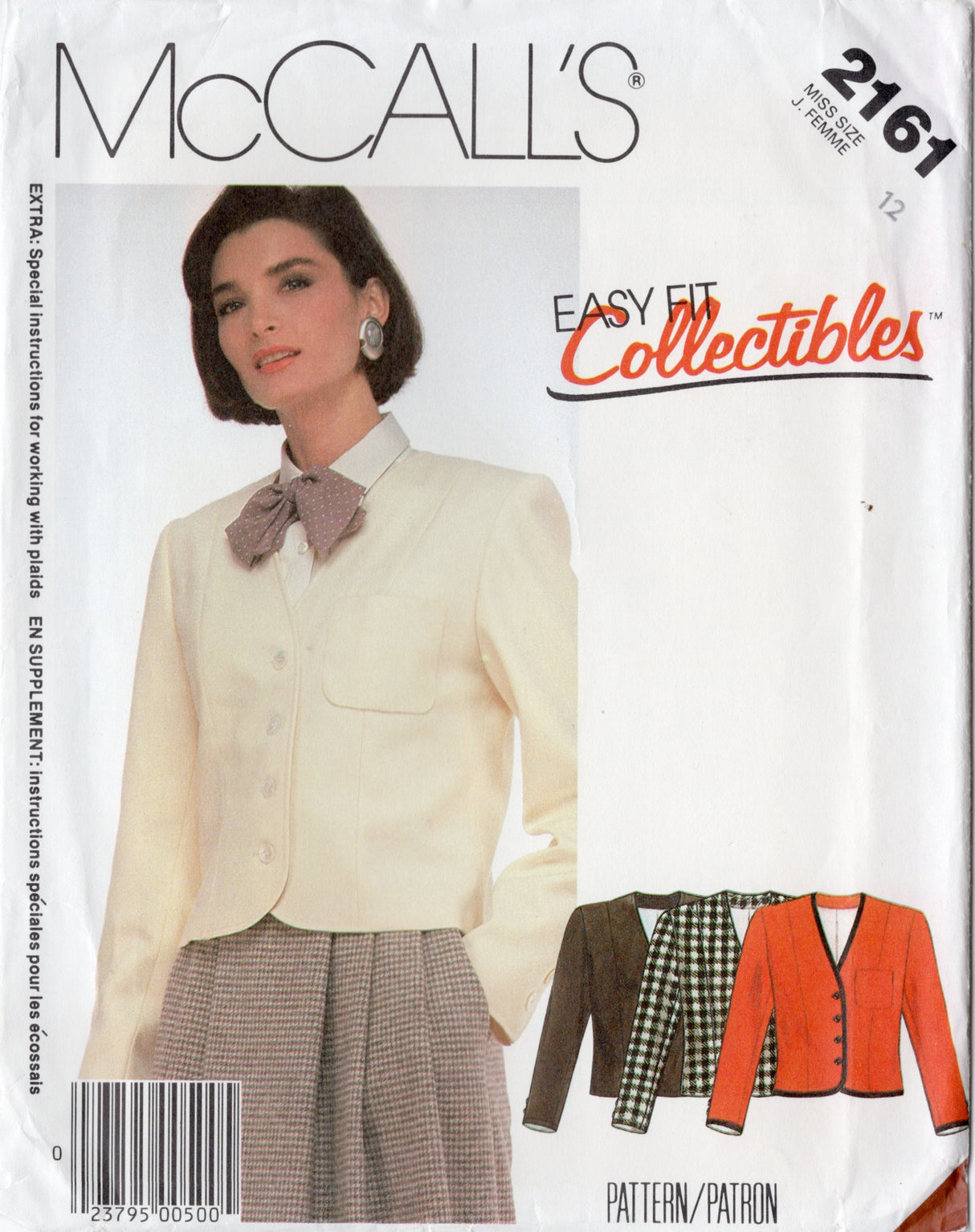 1980's McCall’s Semi-Fitted Cropped Jacket Pattern - Bust 34" - No. 2161