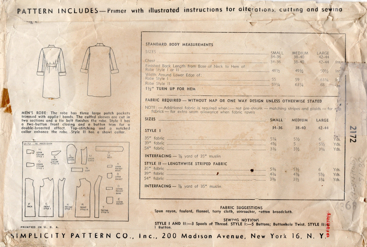 1940's Simplicity Men's Robe Pattern - Chest 38-40" - No. 2172