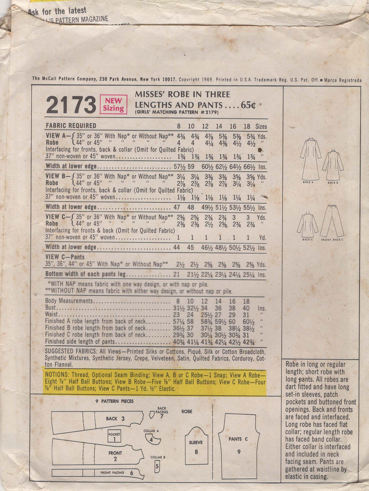 1960's McCall's Robe and Lounge Pants pattern - Bust 34" - No. 2173