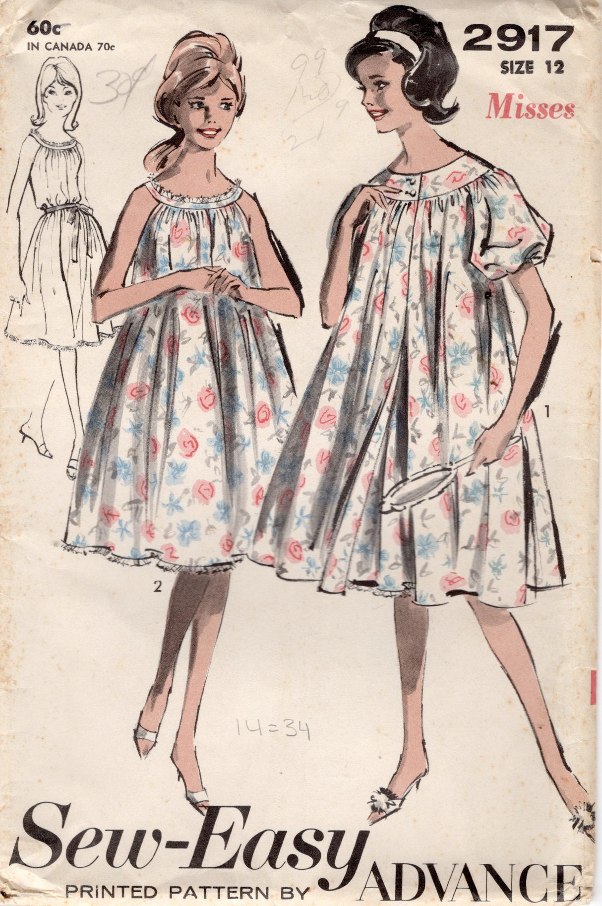 1960's Advance Peignoir or Nightgown - Bust 32" - No. 2917