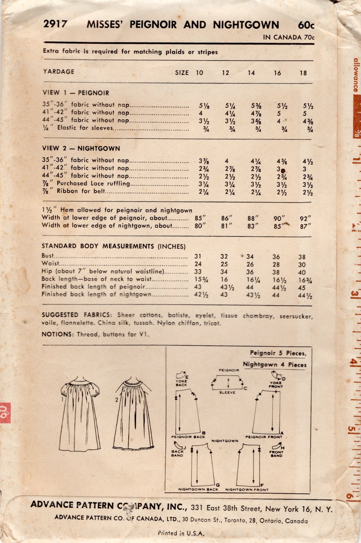 1960's Advance Peignoir or Nightgown - Bust 32" - No. 2917