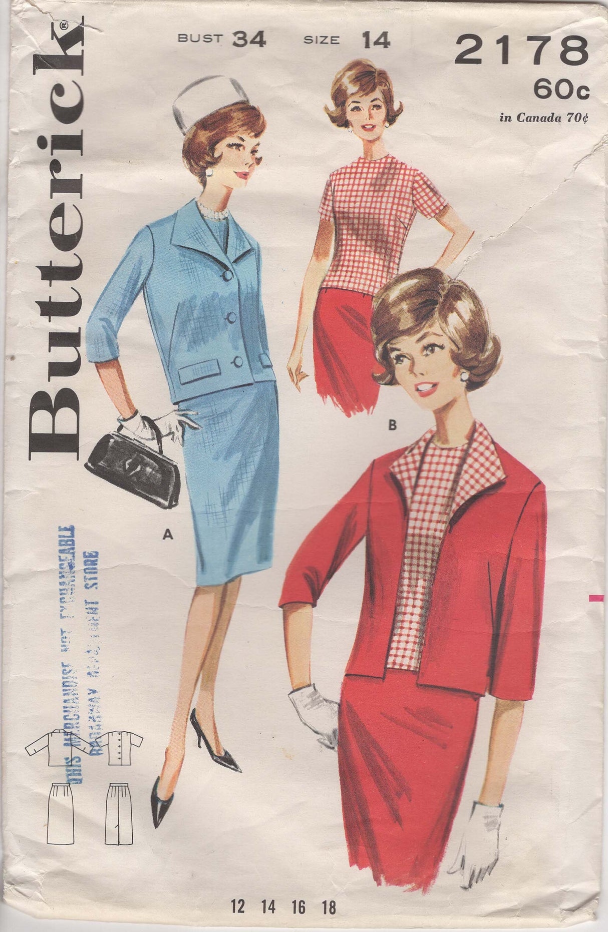 1960's Butterick Suit and Blouse Pattern - Bust 34" - No. 2178