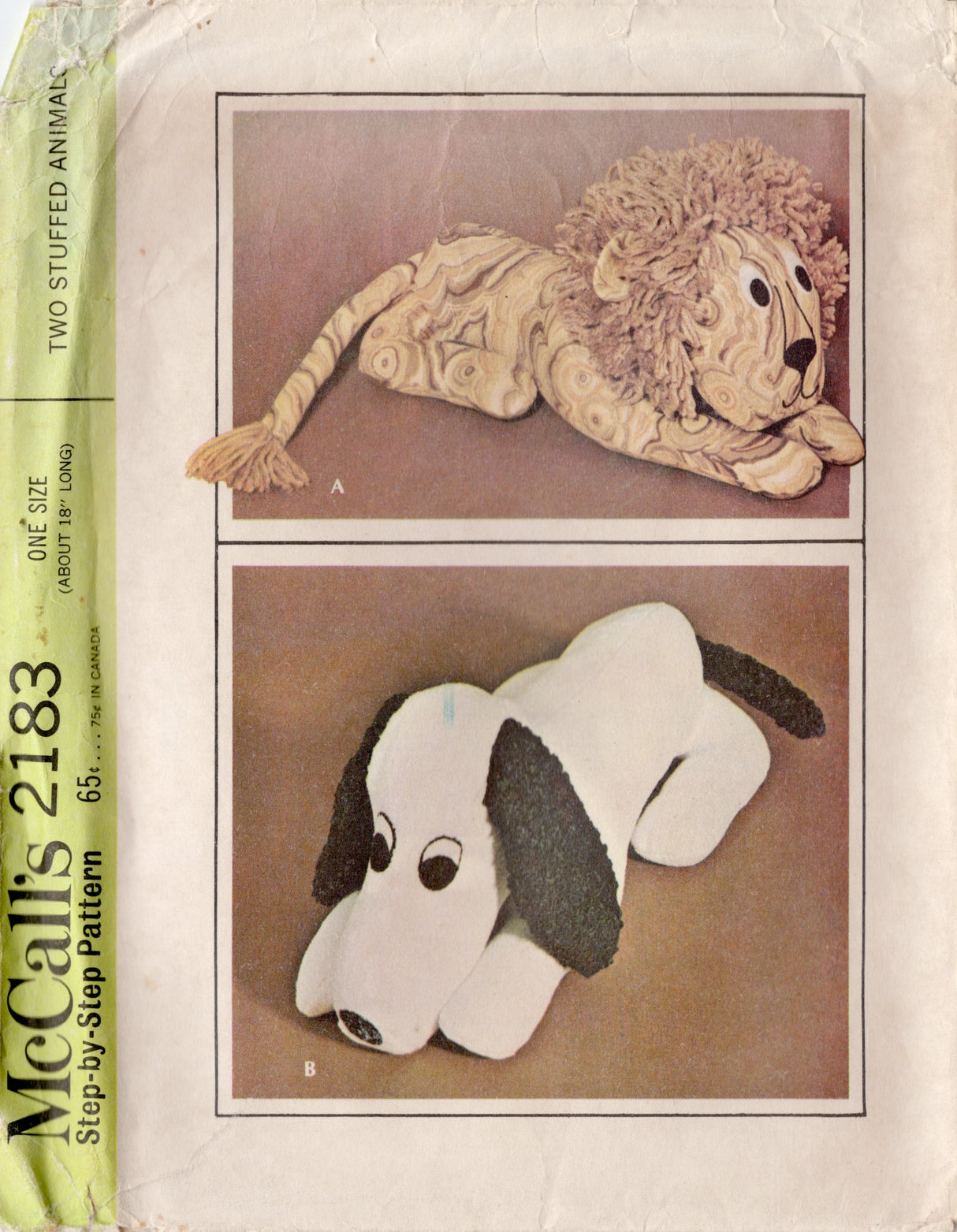 1960's McCall's Lion and Dog Stuffed Animal Pattern - 18” Long - No. 2183