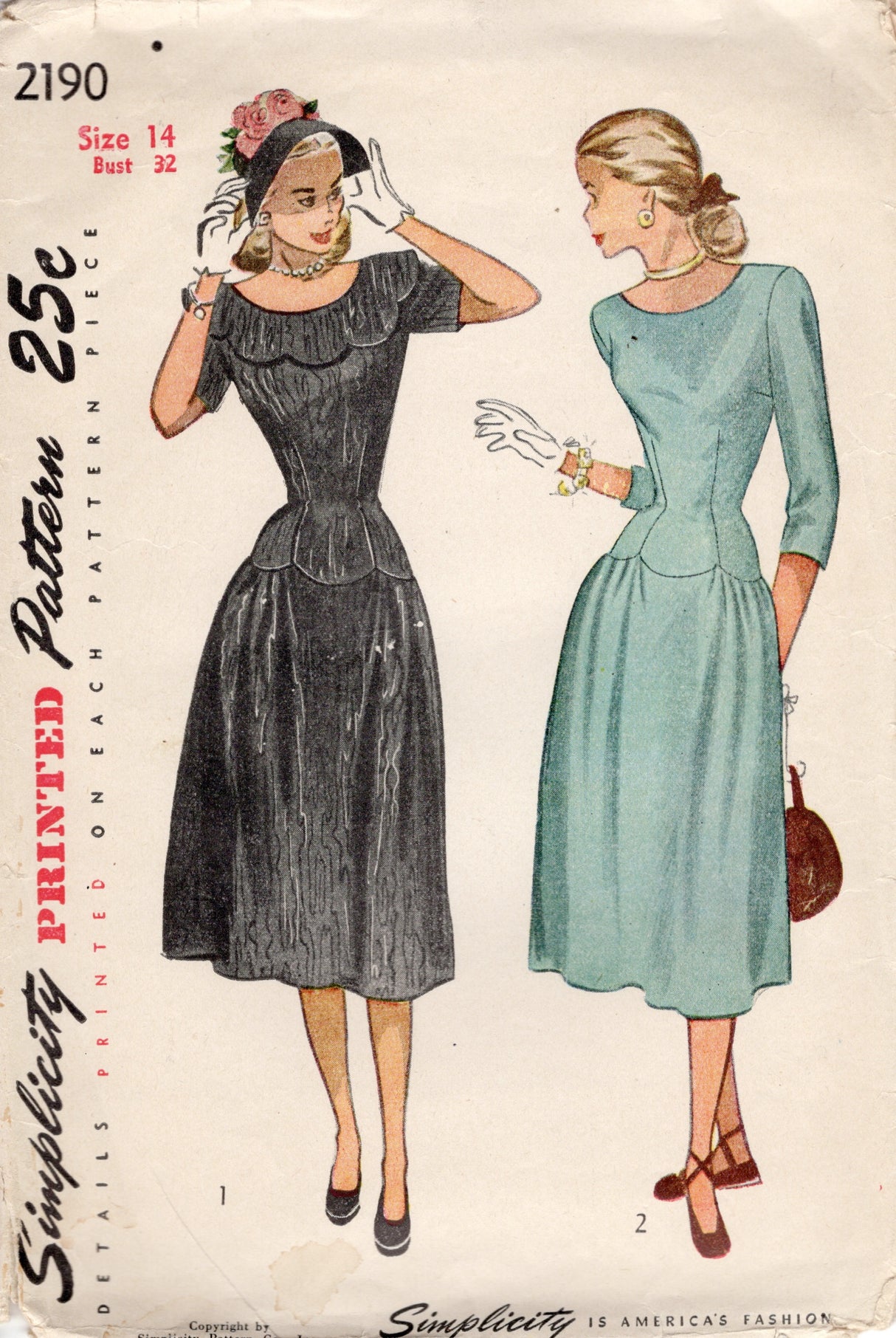 1940's Simplicity Scallop Detail Drop Waist Dress Pattern - Bust 32" - No. 2190