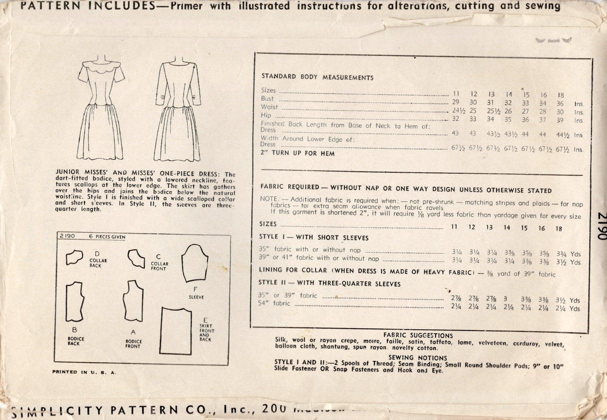 1940's Simplicity Scallop Detail Drop Waist Dress Pattern - Bust 32" - No. 2190
