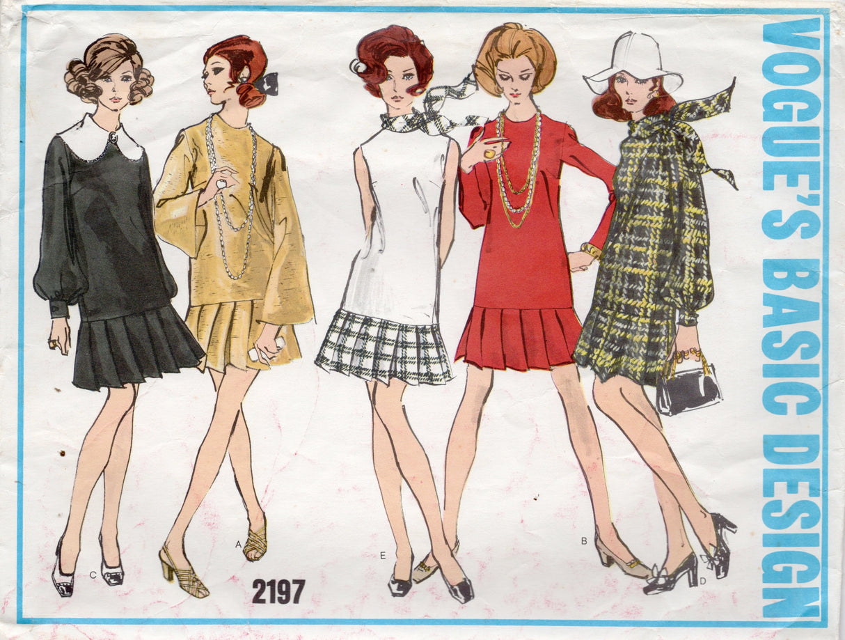 1960's Vogue Basic Drop Waist Dress with Slim or Bell Shaped Sleeves - Bust 36" - No. 2197