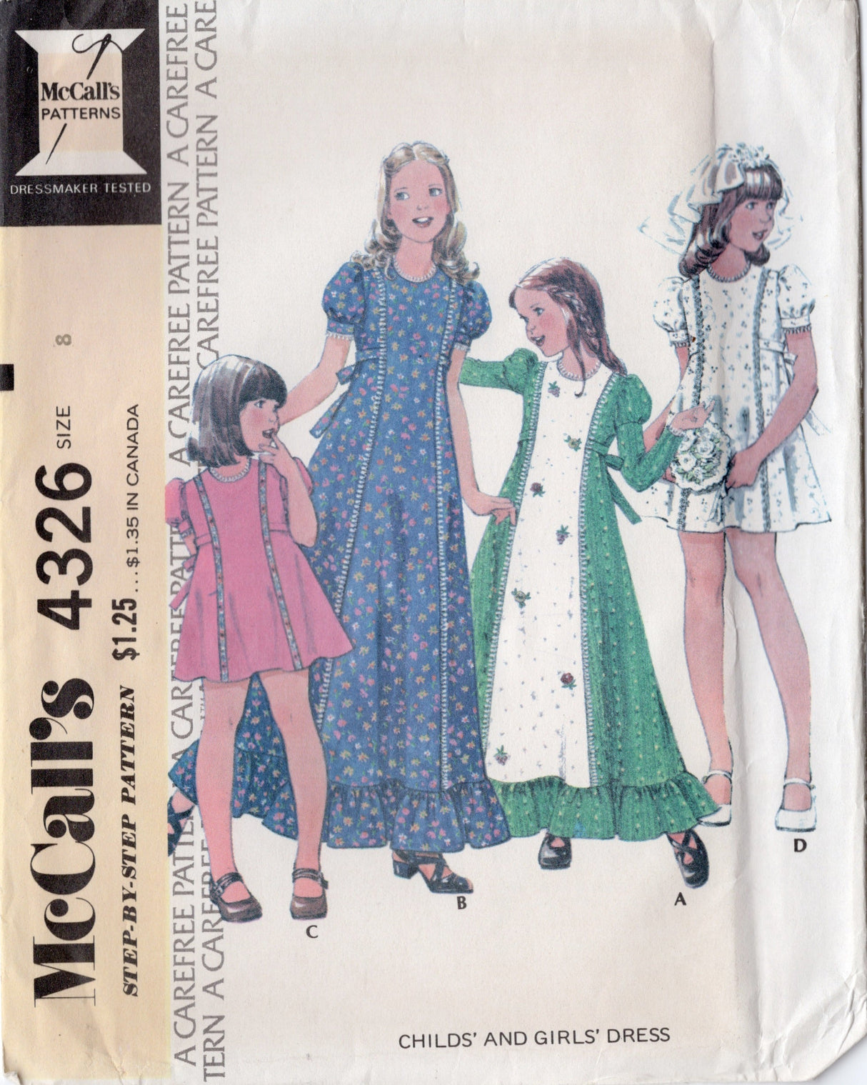 1970's McCall's Child's Maxi or Tunic Princess line Dress with Juliet or Puff Sleeve pattern - Chest 27" - No. 4326