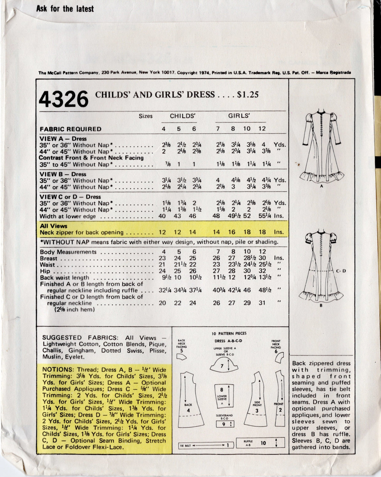 1970's McCall's Child's Maxi or Tunic Princess line Dress with Juliet or Puff Sleeve pattern - Chest 27" - No. 4326