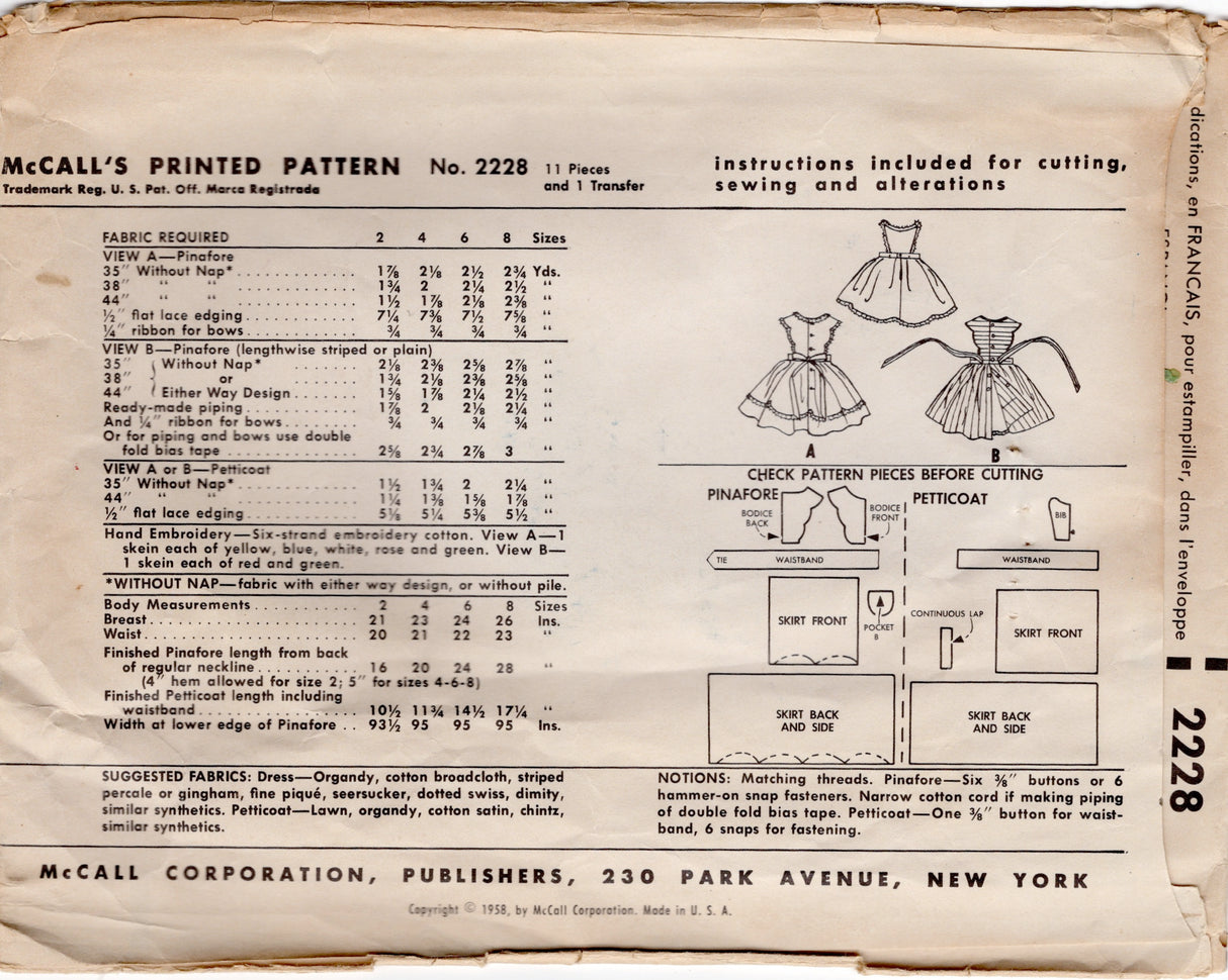 1950's McCall's Child's Snap On Pinafore Dress and Petticoat pattern - Chest 21" - No. 2228