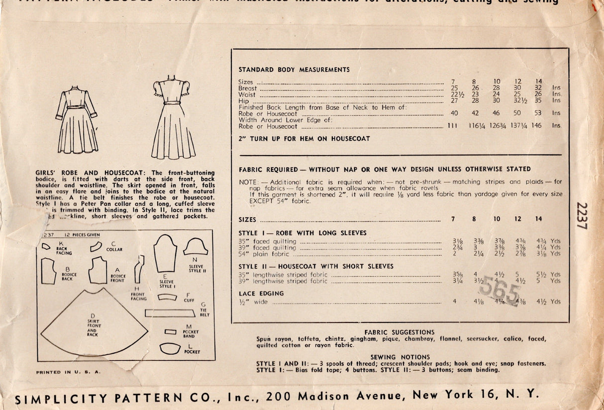 1940's Simplicity Child's Robe and Housecoat Pattern - Chest 28" - No. 2237