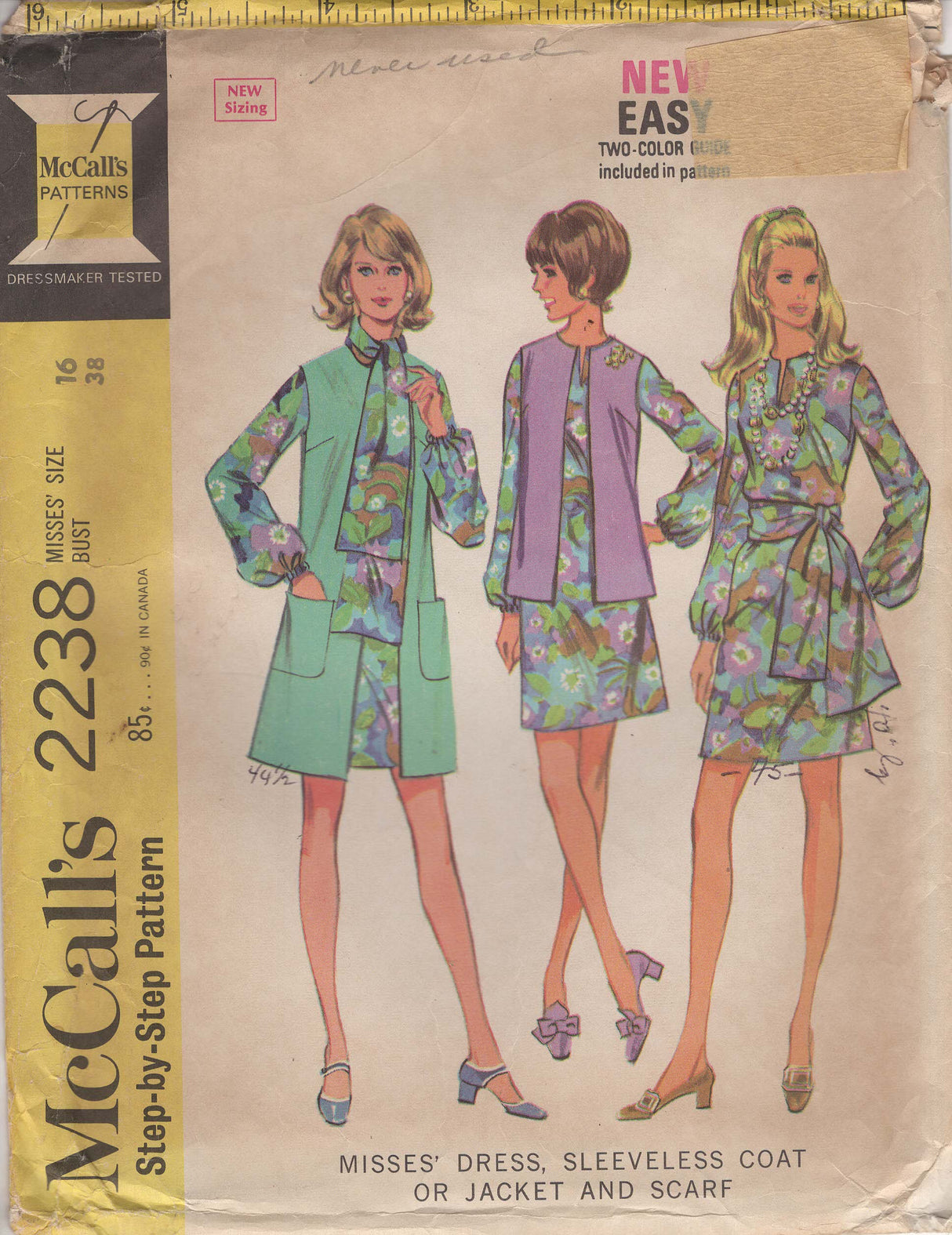 1960's McCall's Long Sleeve Dress, Scarf and Sleeveless Jacket Pattern - Bust 38" - No. 2238