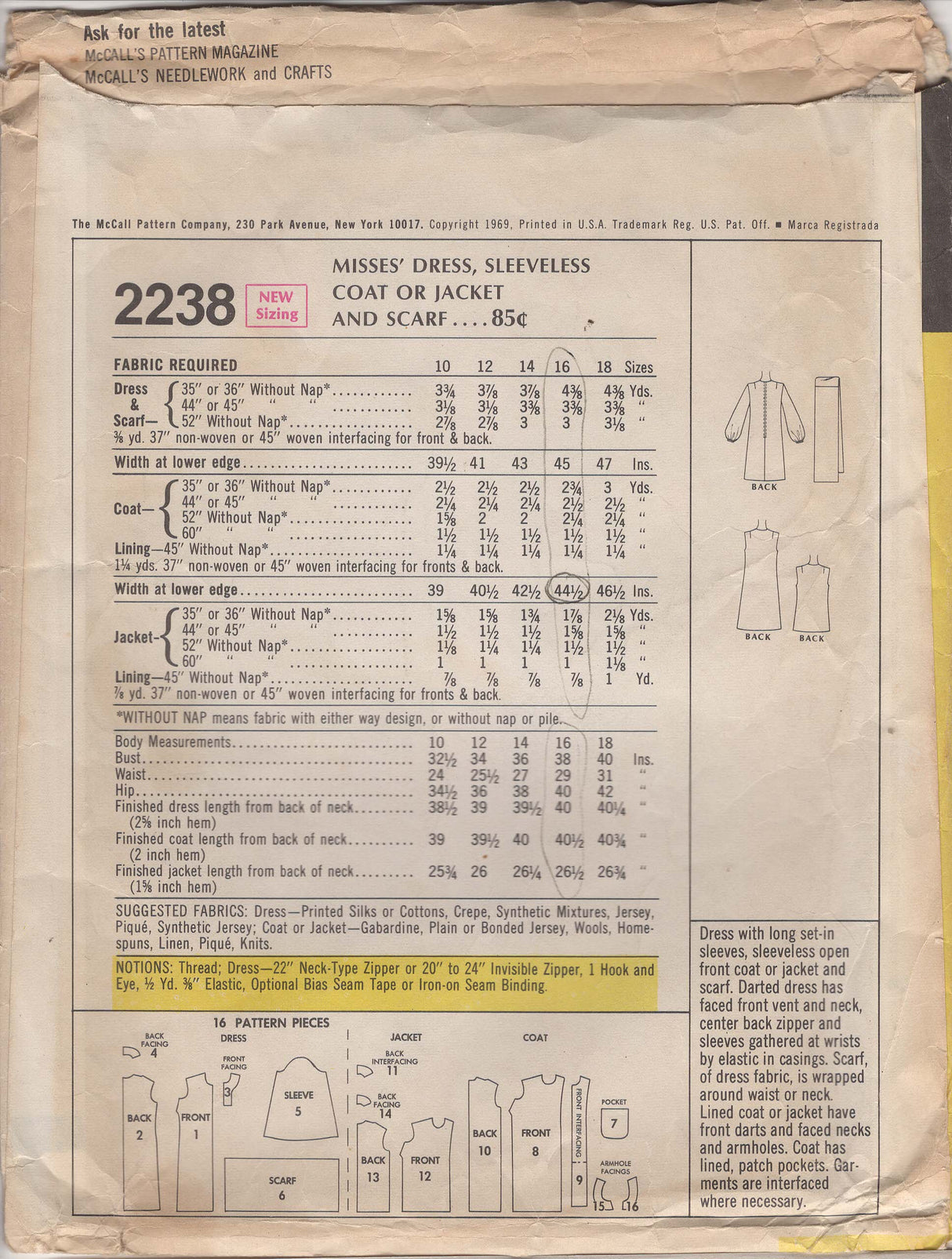 1960's McCall's Long Sleeve Dress, Scarf and Sleeveless Jacket Pattern - Bust 38" - No. 2238