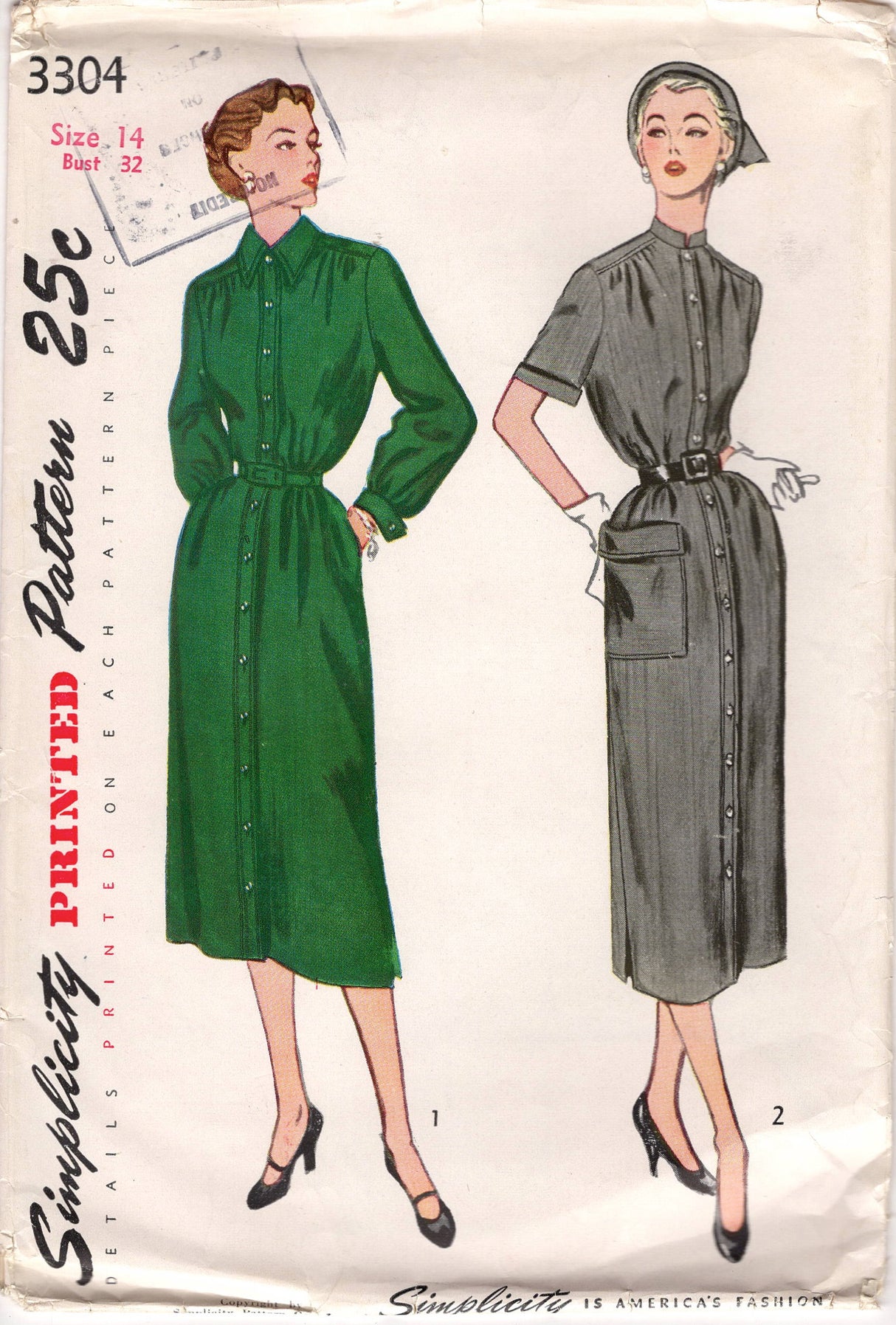 1950's Simplicity Button Up Sheath Dress Pattern with Banded or Pointed Collar - Bust 32" - No. 3304
