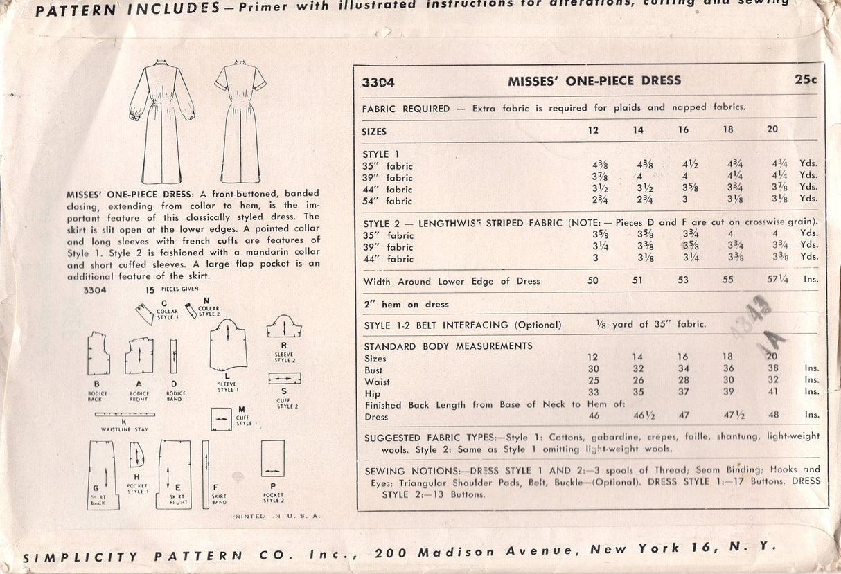 1950's Simplicity Button Up Sheath Dress Pattern with Banded or Pointed Collar - Bust 32" - No. 3304