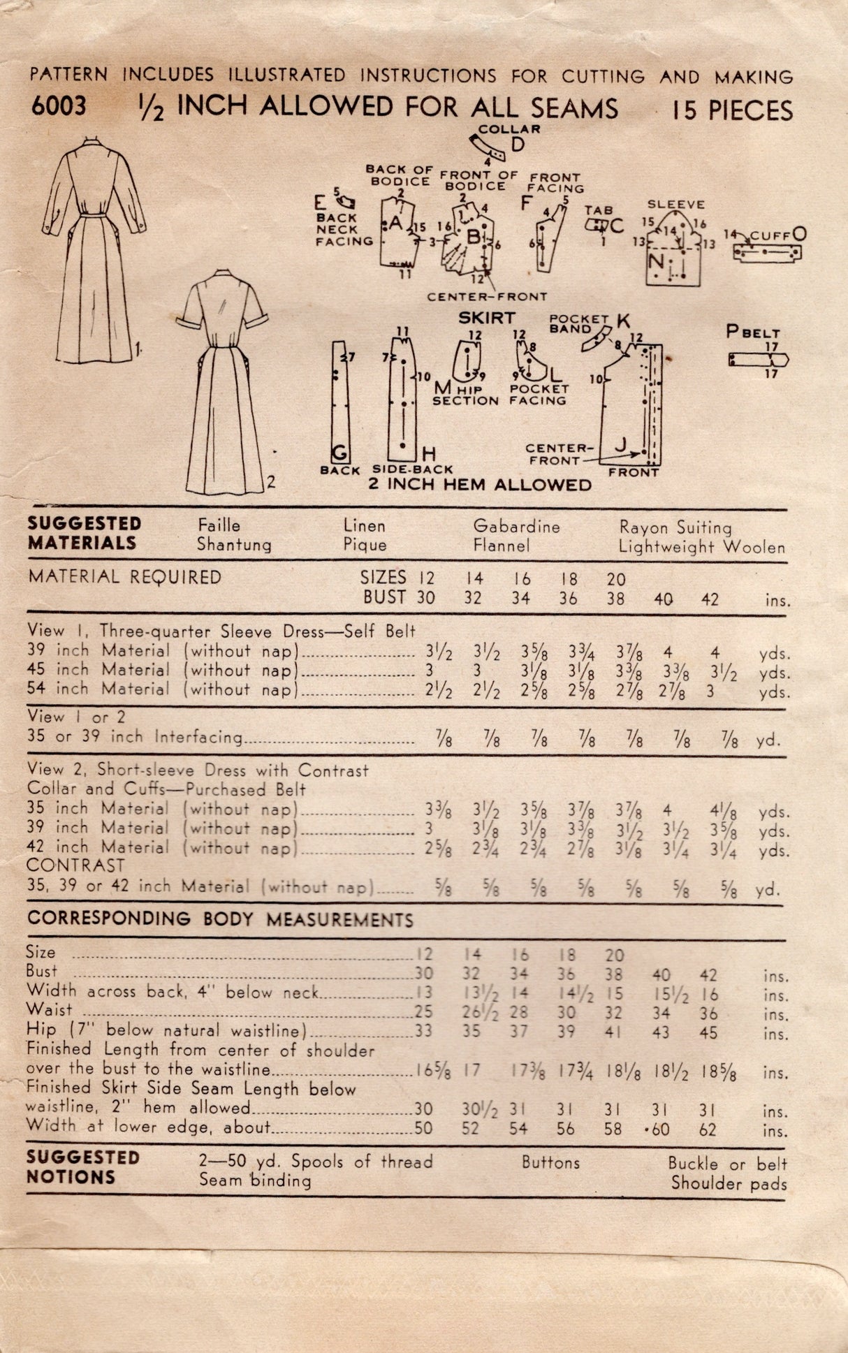 1950's Advance Sheath Dress Pattern with Asymmetrical Bodice - Bust 32" - No. 6003
