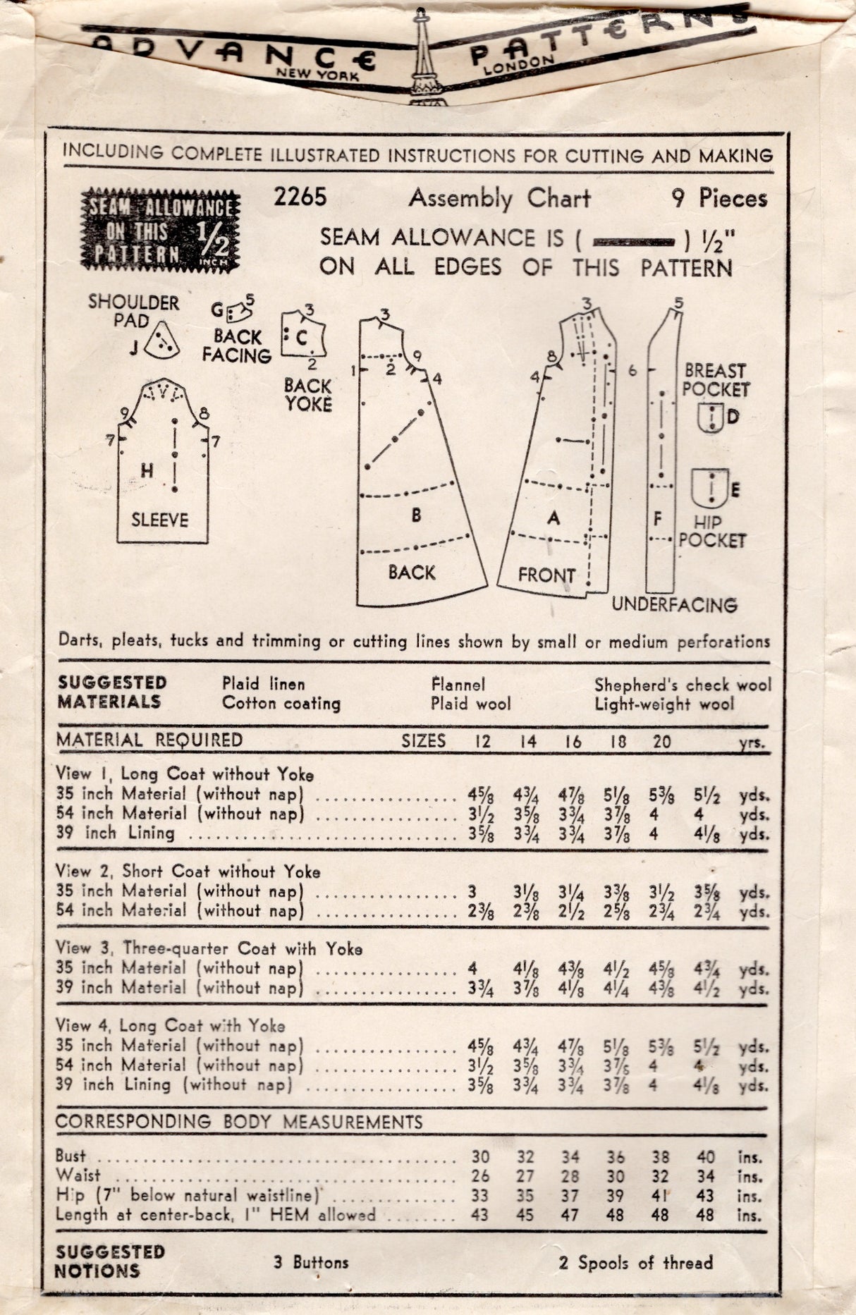 1940's Advance Swing Coat Pattern - Breast 30" - No. 2265