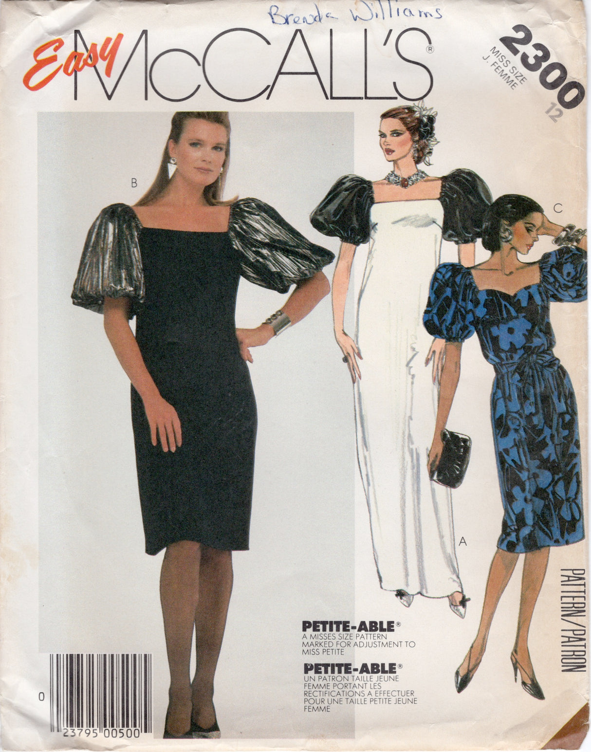 1980's McCall's Evening Gown with Large Balloon Sleeves - Bust 34" - No. 2300