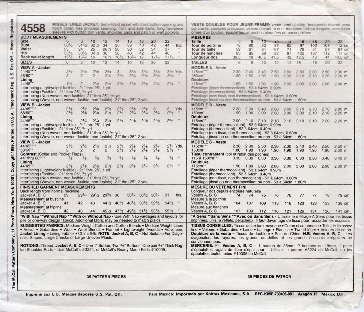 1980's McCall's Palmer & Pletsch Blazer Pattern - Bust 32.5" - no. 4558