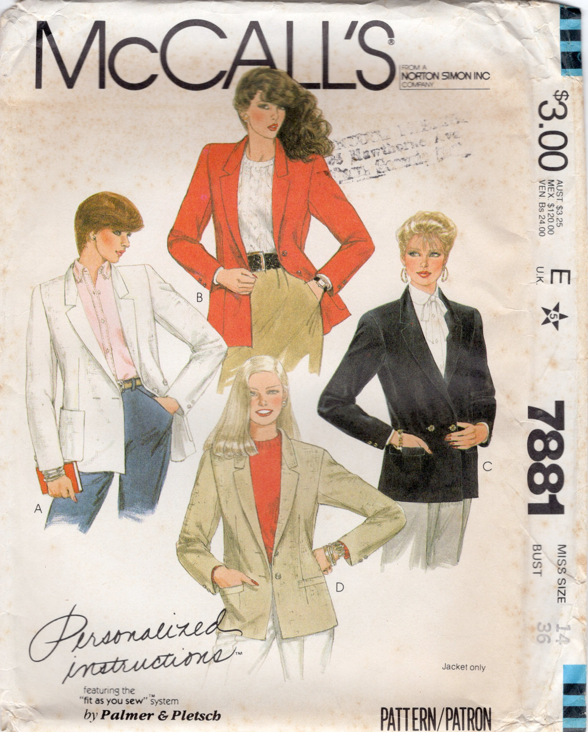 1980's McCall's Palmer & Pletsch Blazer Jacket Pattern - Bust 36" - No. 7881