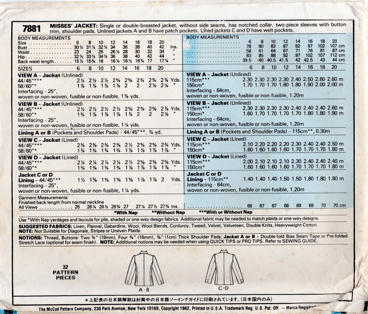 1980's McCall's Palmer & Pletsch Blazer Jacket Pattern - Bust 36" - No. 7881
