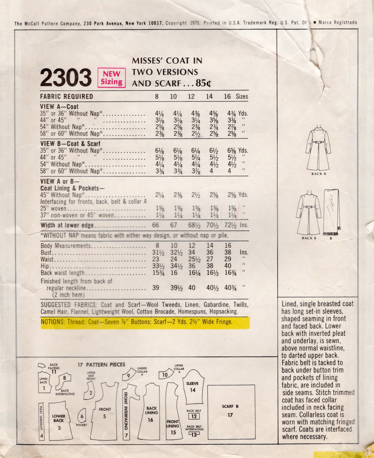 1970's McCall's Coat in Two versions and Scarf pattern - Bust 34" - No. 2303