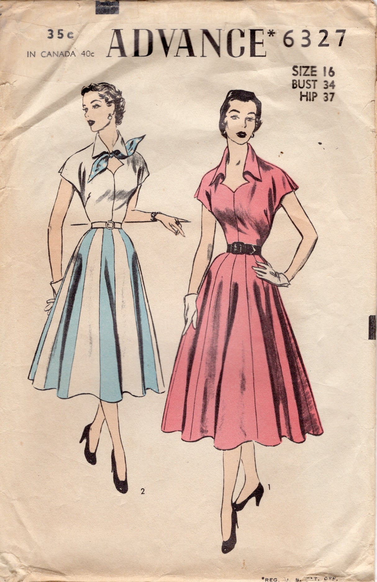 1950's Advance One Piece Dress Pattern with 16 Gore Skirt - Bust 34" - No. 6327