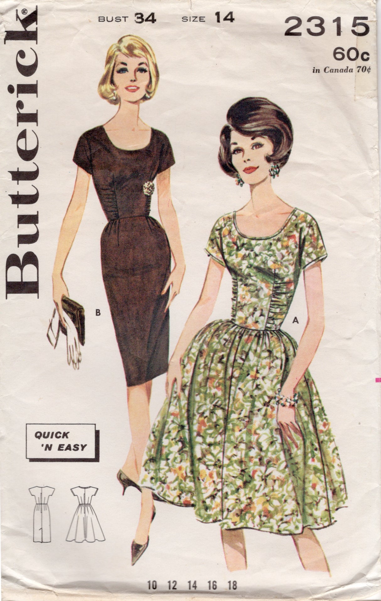 1960's Butterick One-Piece Dress Pattern with Shirred Sides - Bust 34" - No. 2315