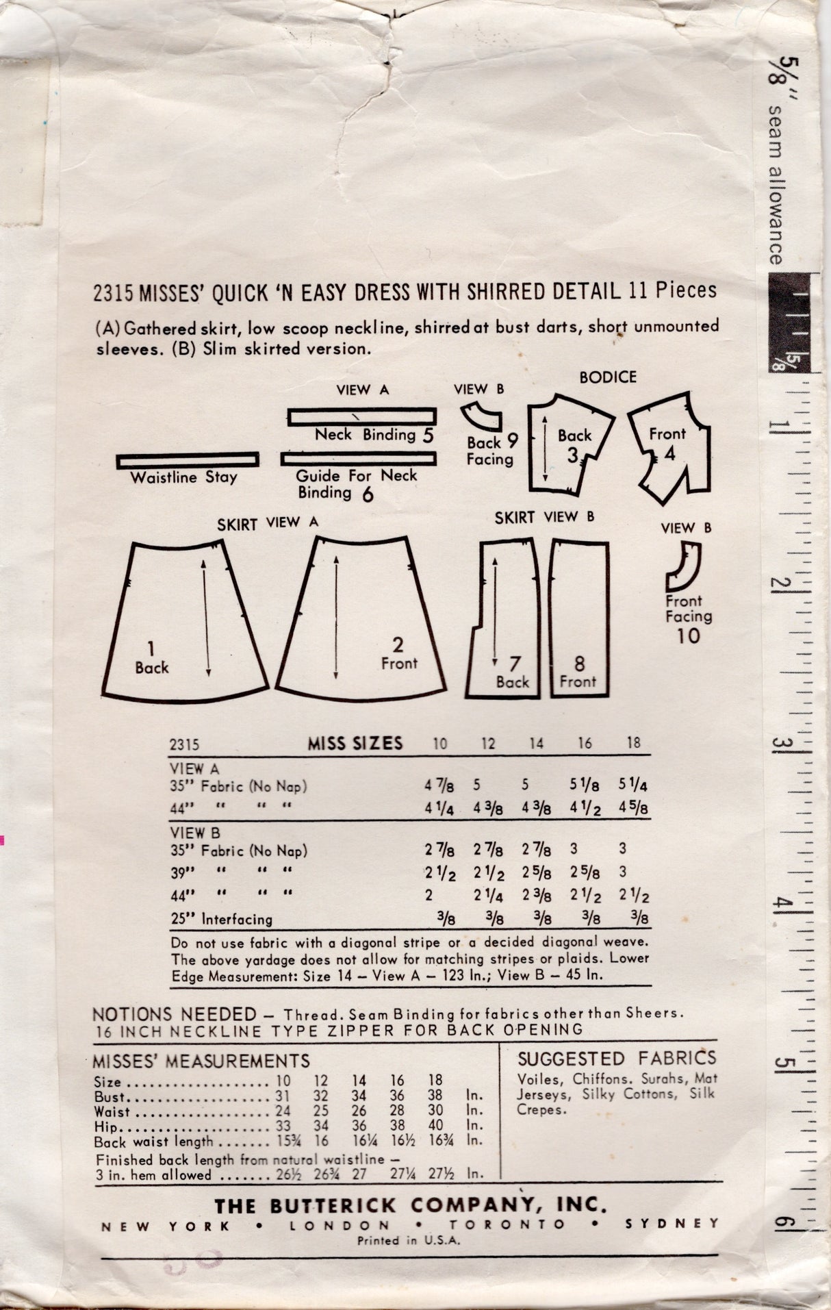 1960's Butterick One-Piece Dress Pattern with Shirred Sides - Bust 34" - No. 2315