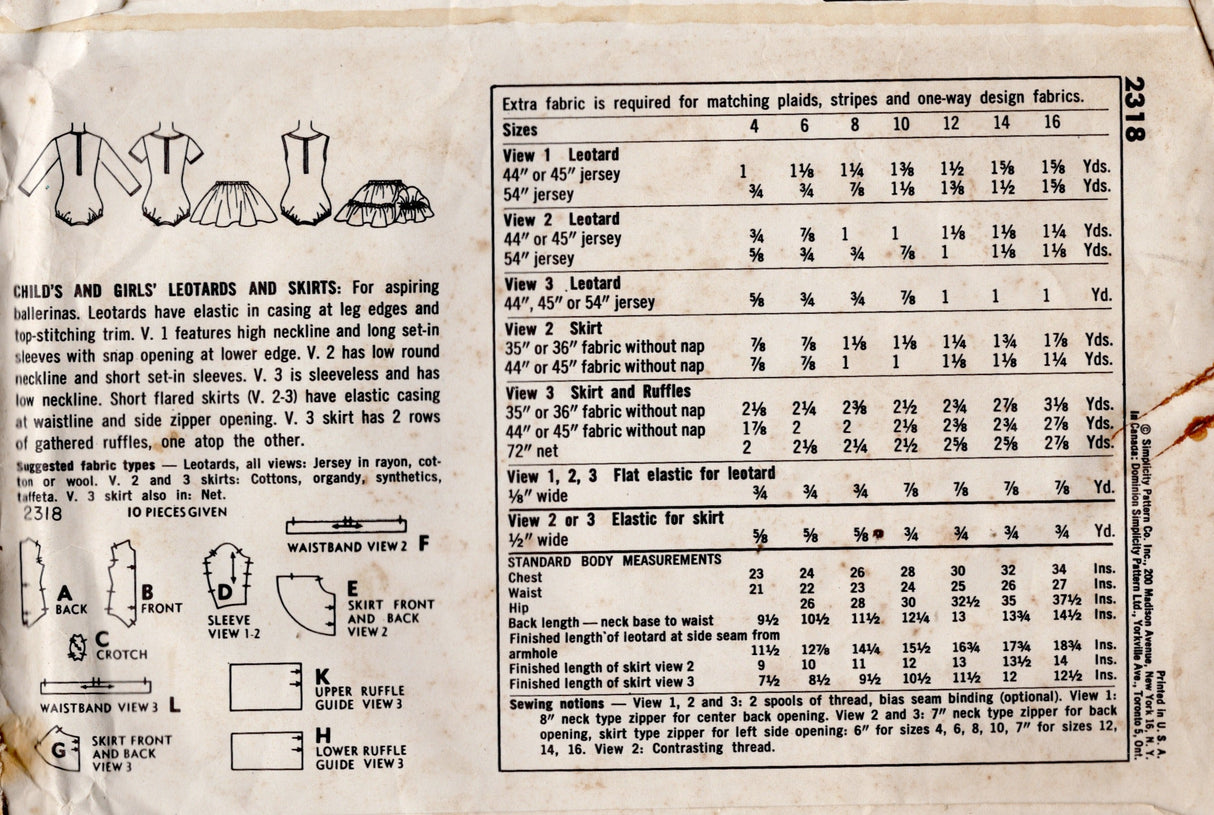 1950's Simplicity Child's Set of Leotards and Skirts Pattern  - Chest 30" - No. 2318