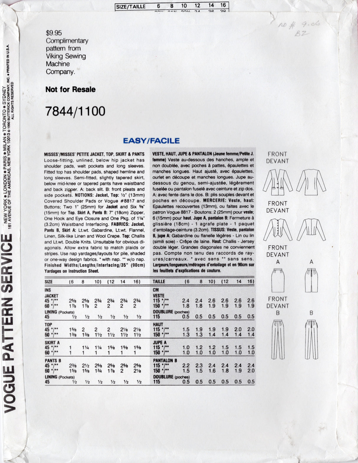 1990's Vogue Jacket, Fitted Top, Pencil Skirt and Tapered Pants Pattern - Bust 30.5-38" - No. 7844/1100