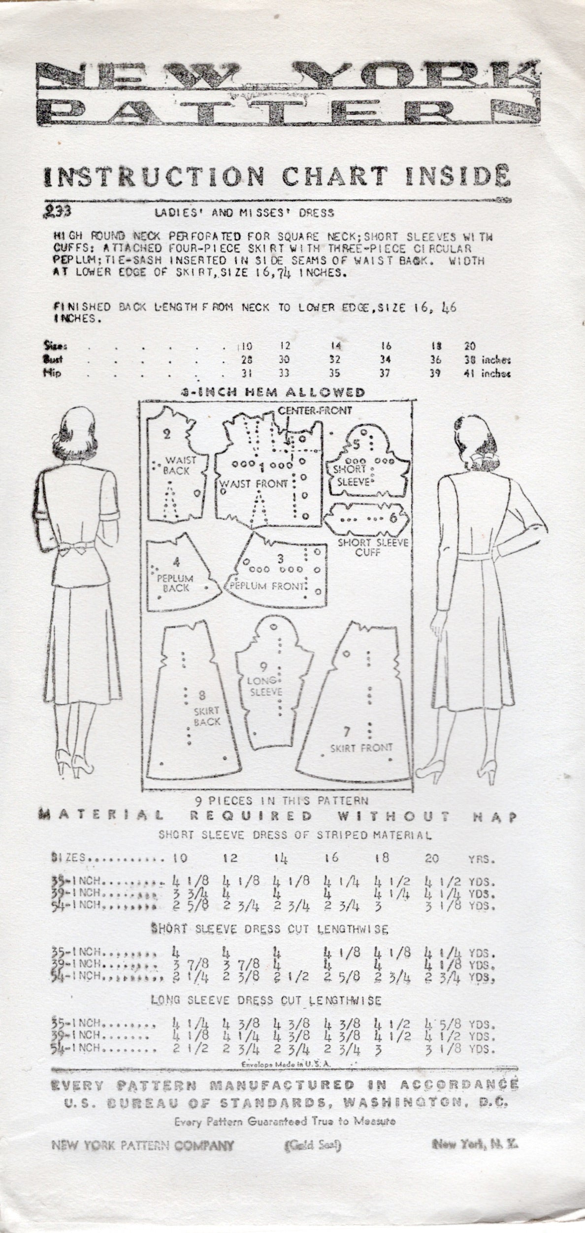 1940's New York Shirtwaist Dress with Short or Long Sleeves - Bust 30-34" - No. 233