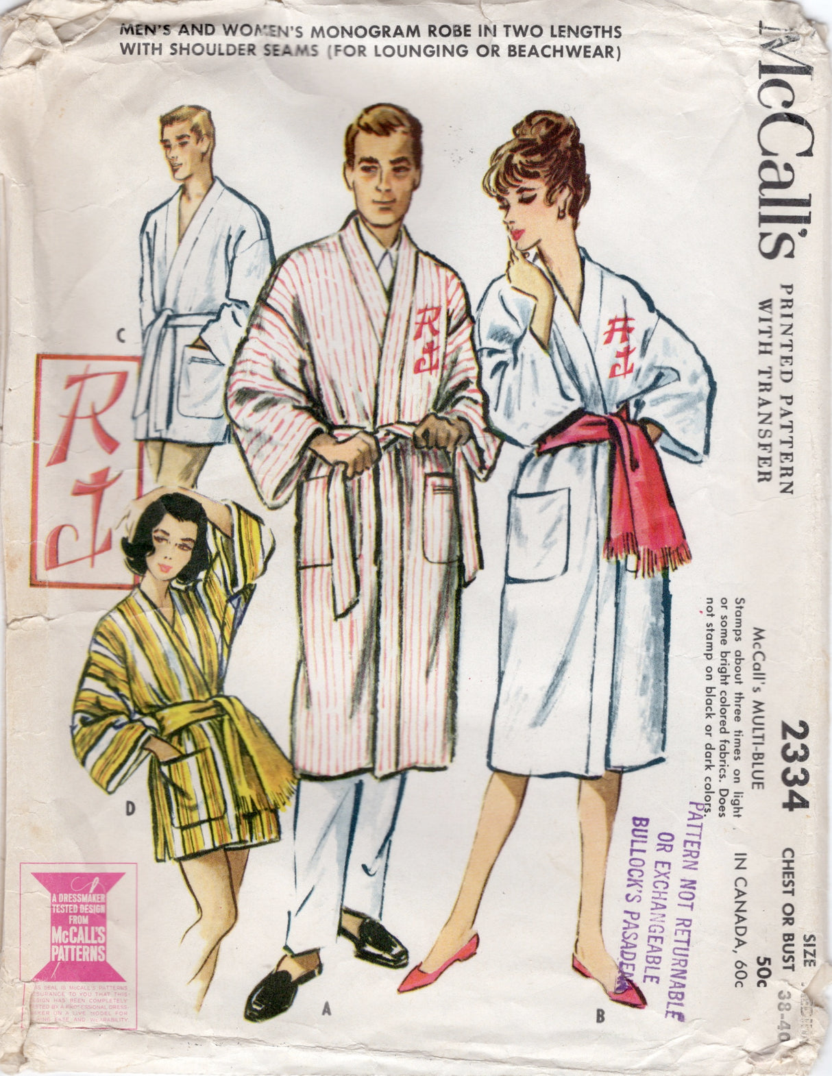 1950's McCall's Unisex Robe Pattern with Transfers - Chest 38-40" - No. 2334