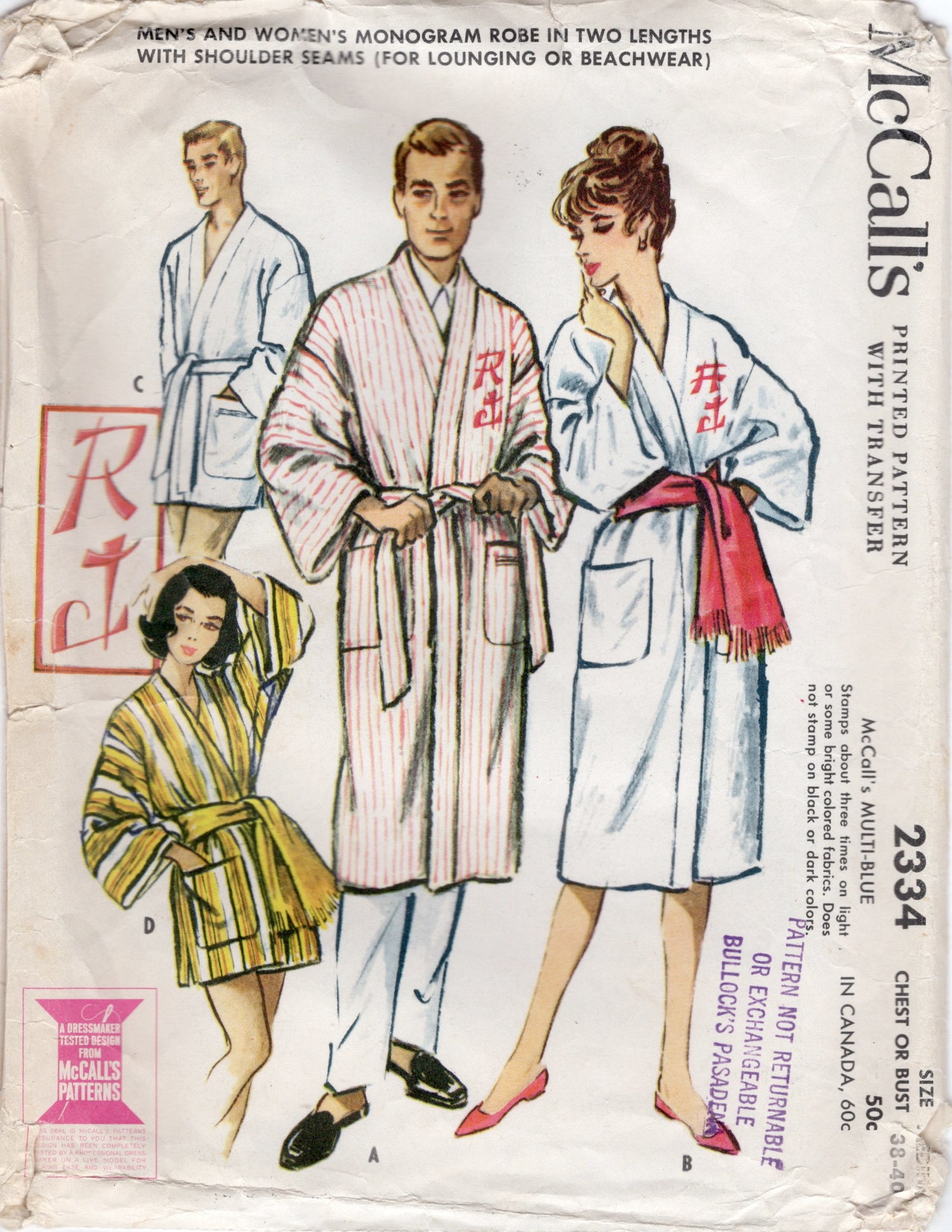 1950's McCall's Unisex Robe Pattern with Transfers - Chest 38-40" - No. 2334