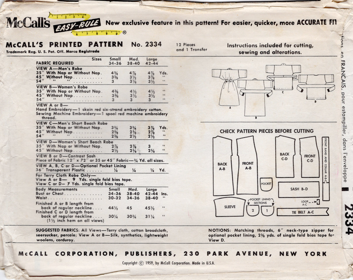 1950's McCall's Unisex Robe Pattern with Transfers - Chest 38-40" - No. 2334