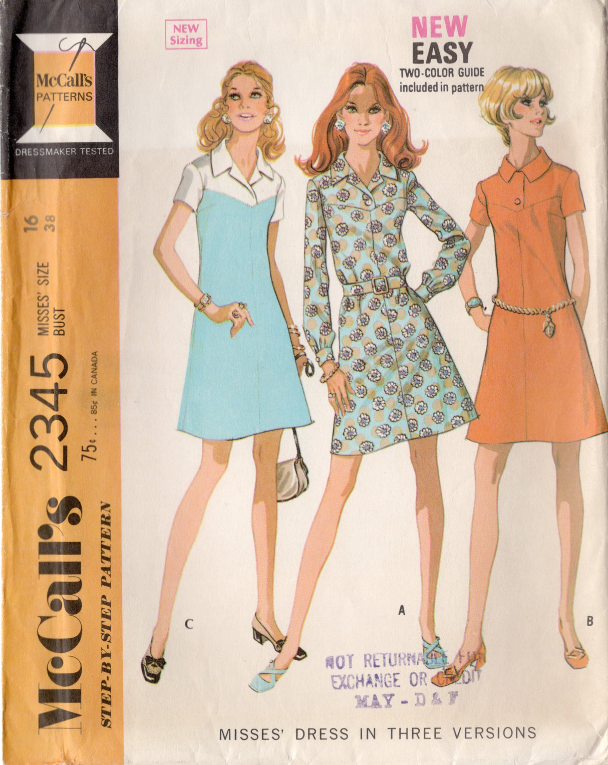 1970's McCall's Yoked Dress Pattern with Short or Long Sleeves - Bust 38" - No. 2345