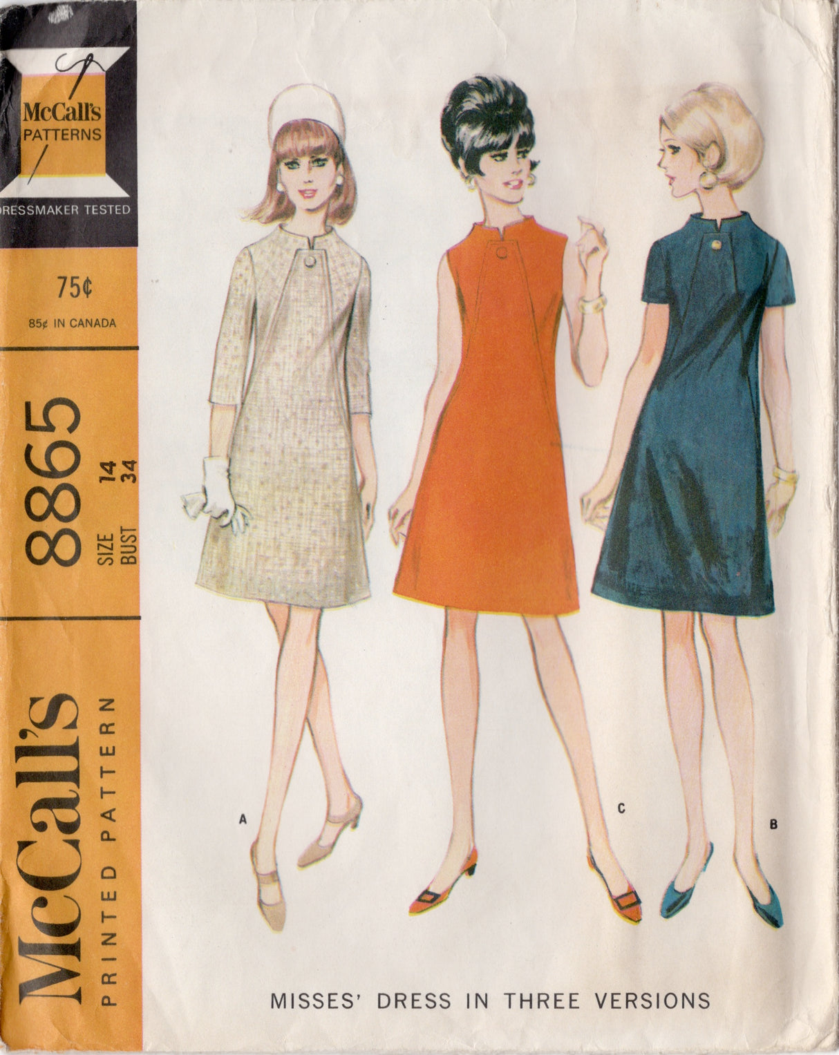 1960's McCall's A-line Dress pattern with Front Accent panel - Bust 34" - No. 8865