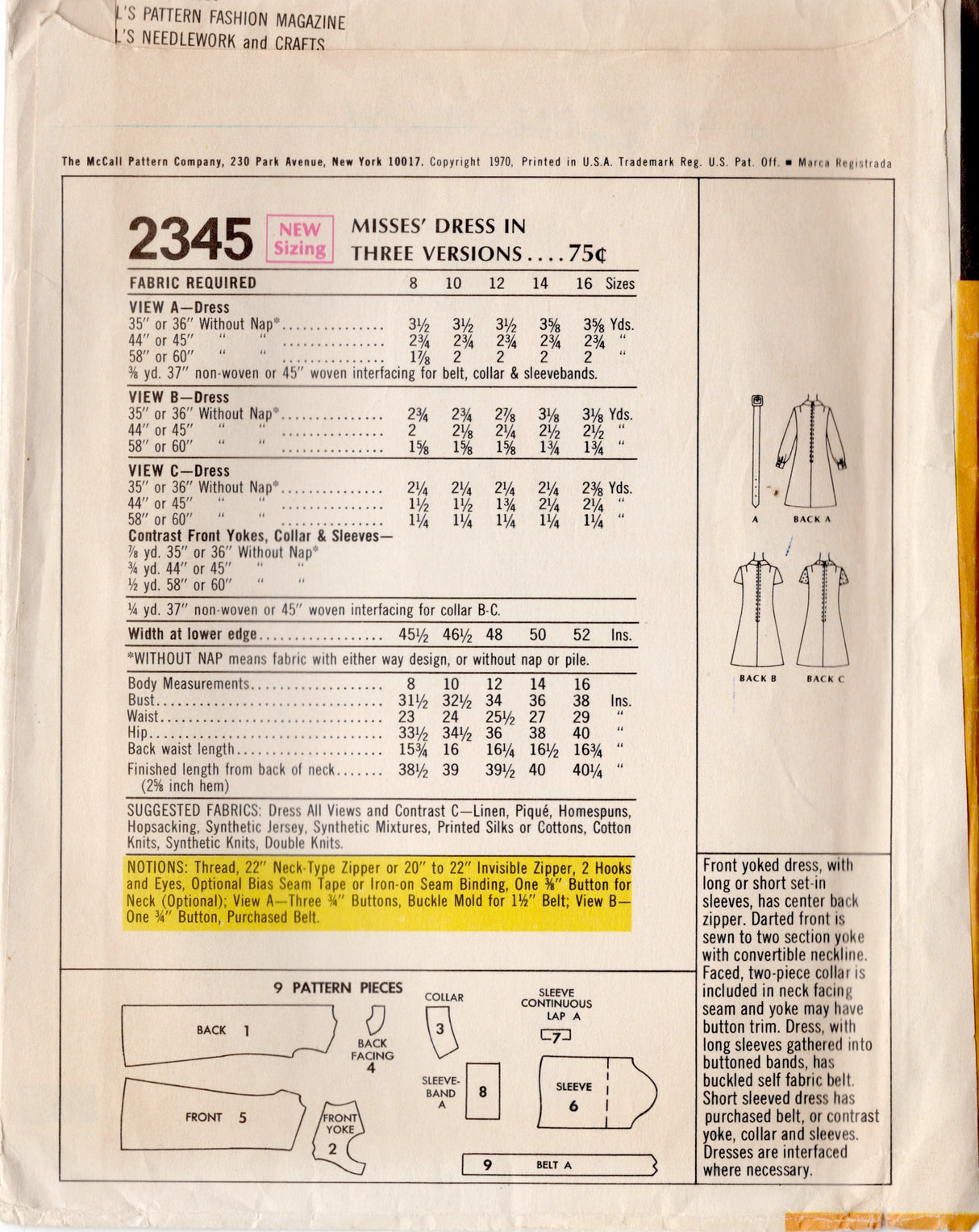 1970's McCall's Yoked Dress Pattern with Short or Long Sleeves - Bust 38" - No. 2345