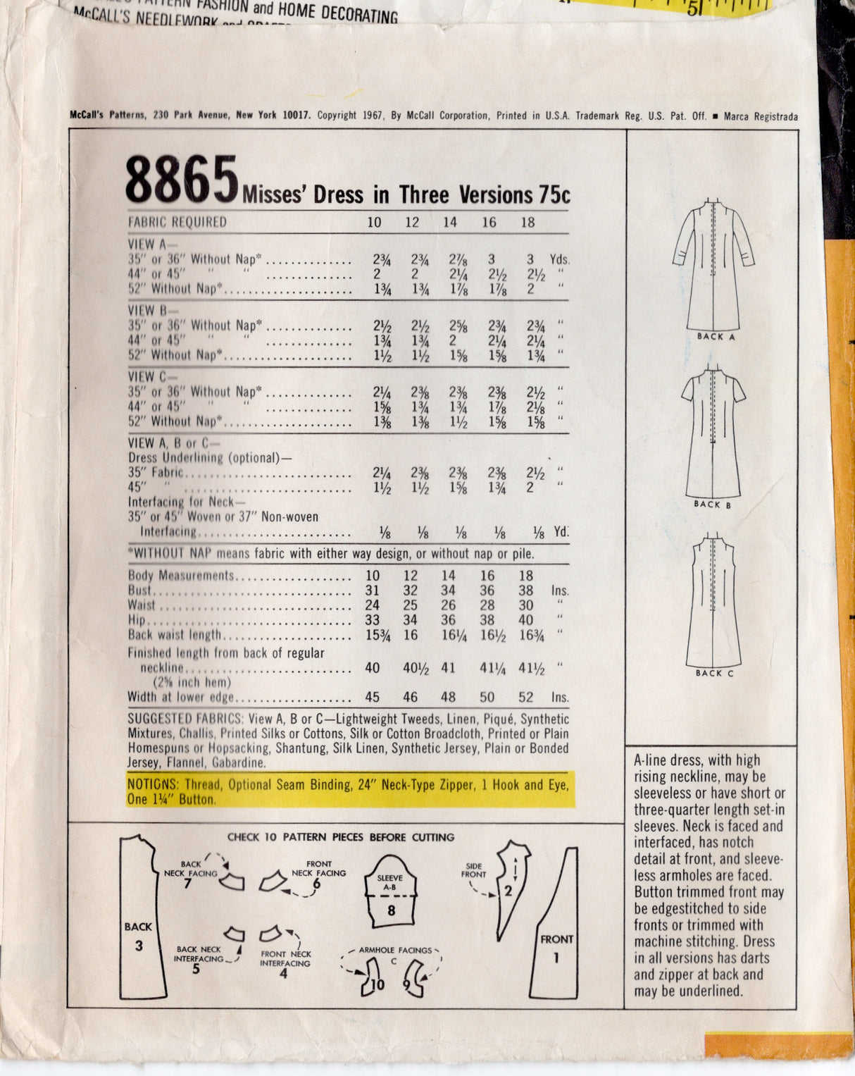 1960's McCall's A-line Dress pattern with Front Accent panel - Bust 34" - No. 8865