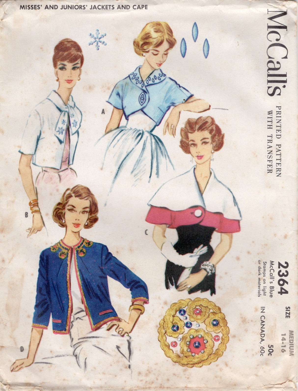 1950's McCall's Bolero Jacket and Capelet Pattern - Bust 34-36" - No. 2364